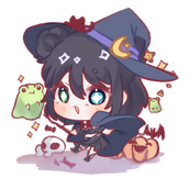 Meenks in a witch costume, with ghost frogs! Artist is @YamiesCupid